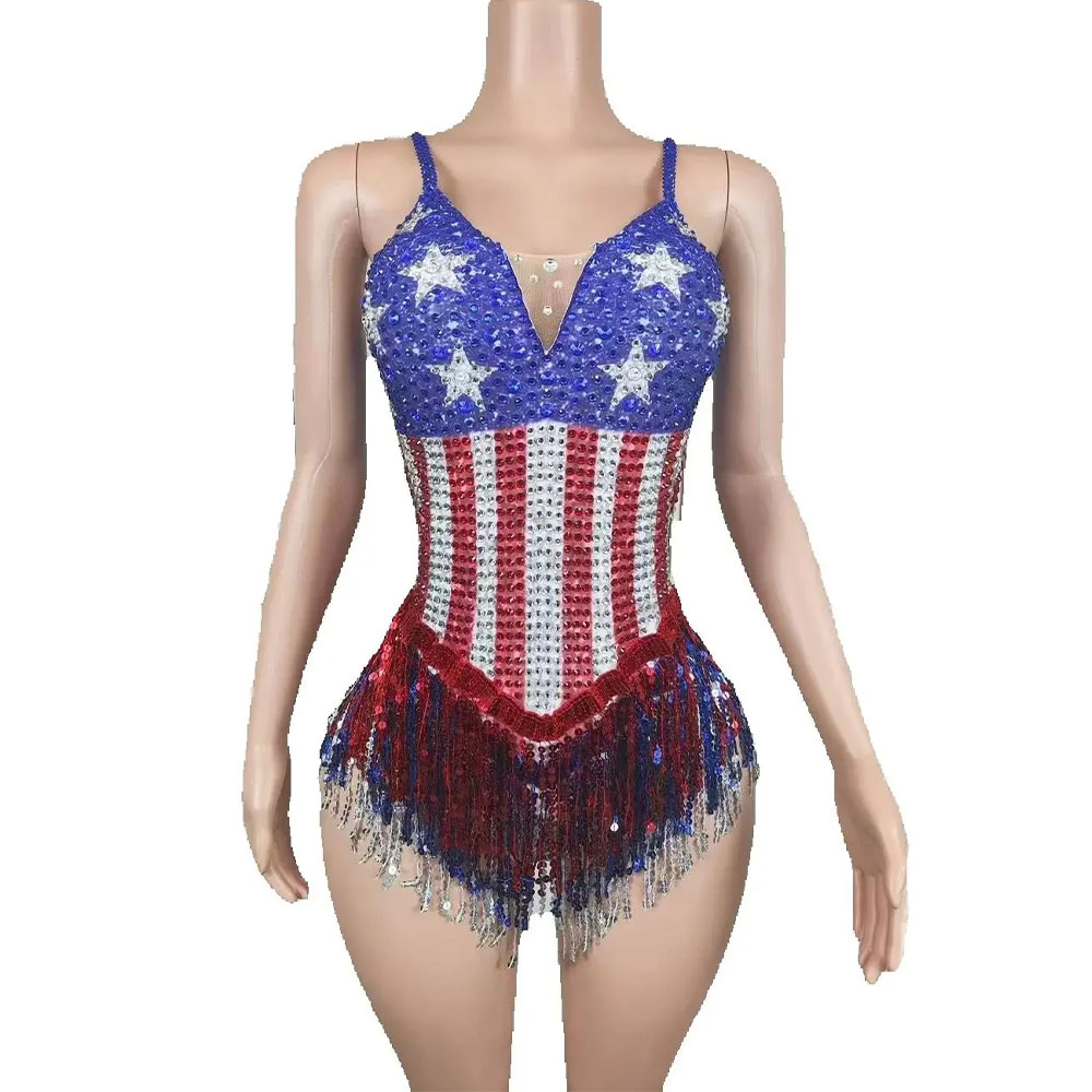 Rhinestone Banding Trim - Pakaian Bodysuit rumbai berlian imitasi gemerlap